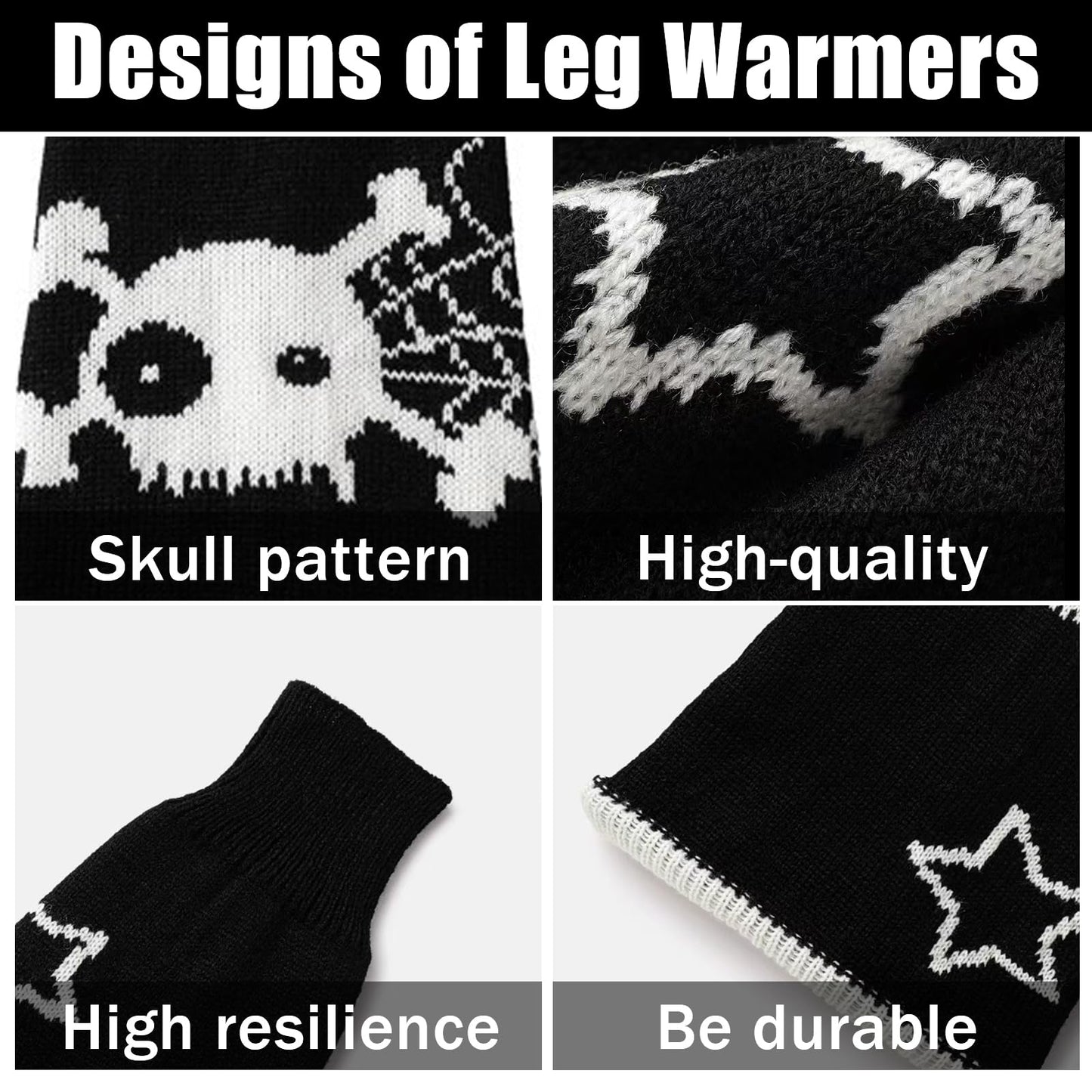 heyheyshine Y2k Star Skull Print Two Side Wear Knitted Leg Warmers Socks Punk Girls Japanese Kawaii Streetwear Leg Cover (Skull Star Flared, One Size)