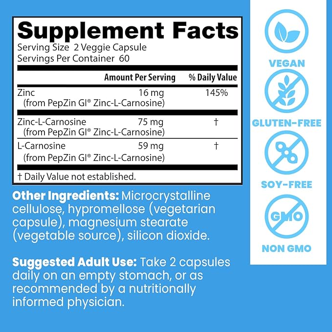 Doctor's Best PepZin GI, Zinc-L-Carnosine Complex, Non-GMO, Vegan, Gluten Free, Soy Free, Digestive Support, 120 Veggie Caps