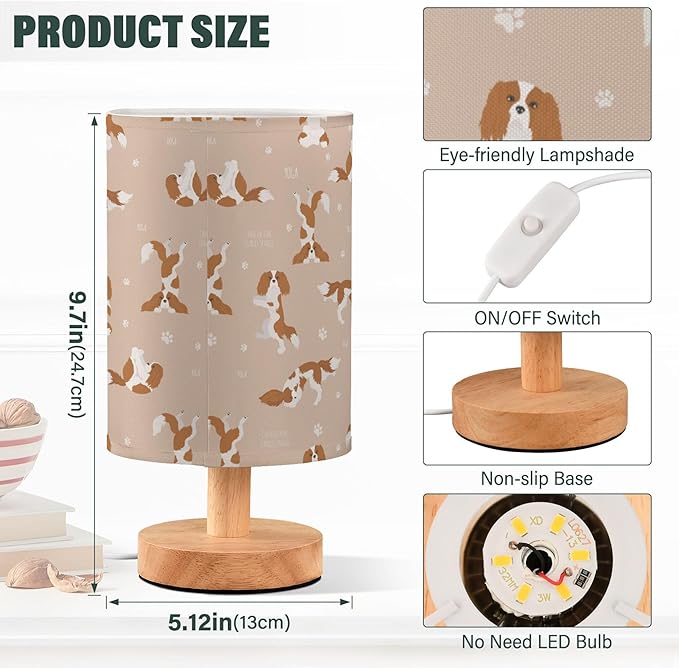 Table Lamp Yoga Cavalier King Charles Spaniel Dog Nightstand Lamp with Wood Base Fabric Lamp Shade Bedside Desk Lamp for Living Room Bedroom Kids Room Office