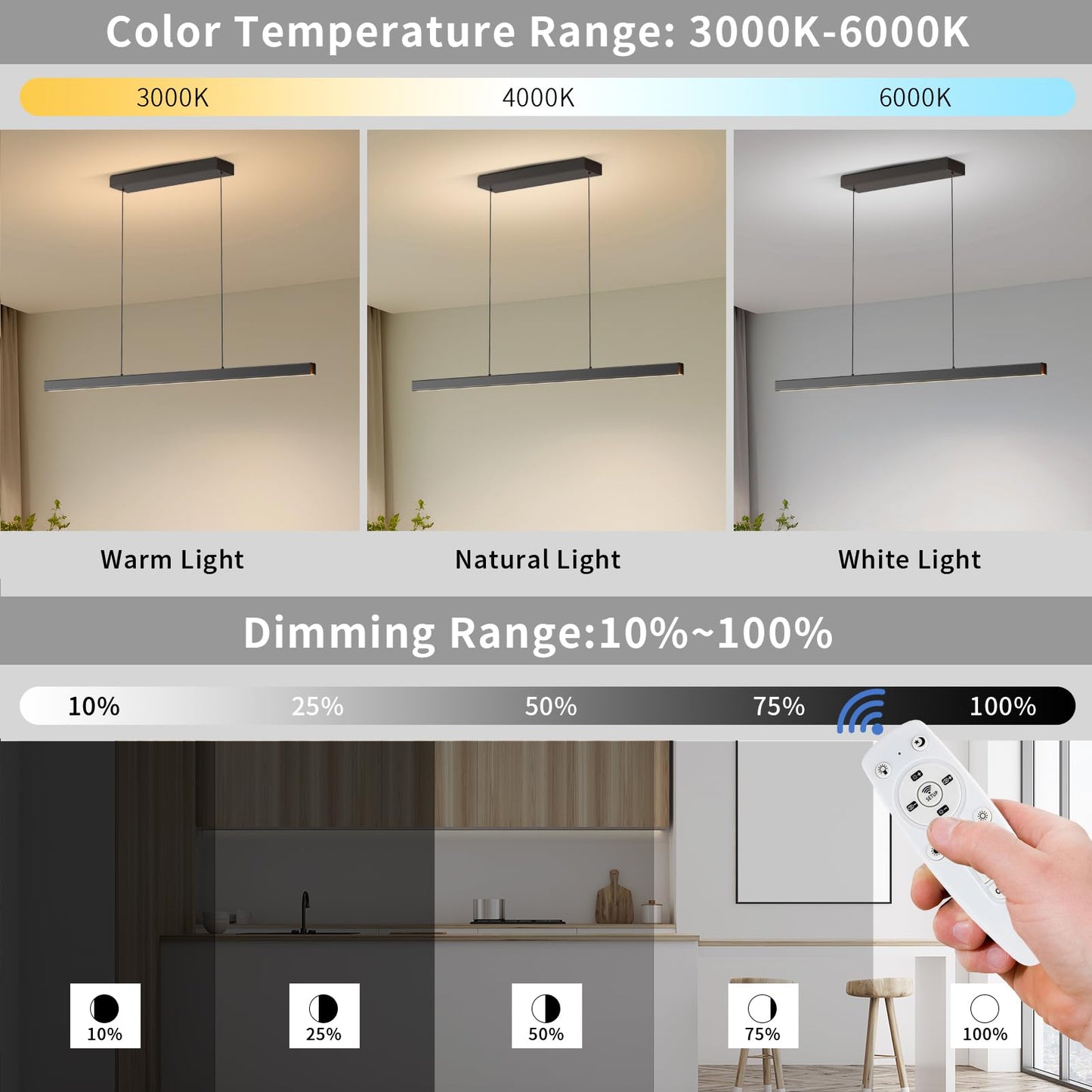 Zihoi Modern Ceiling Pendant Light 47In Led Black Linear Ceiling Chandelier Light Dining Room Living Room Warm & Cool  Neutral Light Aluminum Island Lighting Hanging Pendant Light For Kitchen