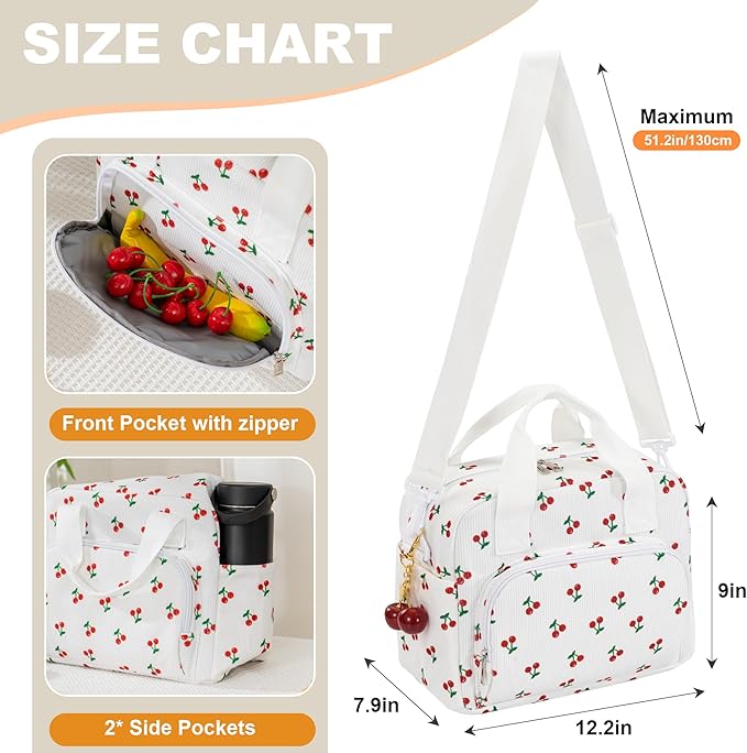 Large Lunch Bag for Women Insulated Cherry Lunch Box Reusable Cooler Bag Portable Cute Corduroy Leakproof Tote Bags for Travel, Work, and Picnic with Key Chain