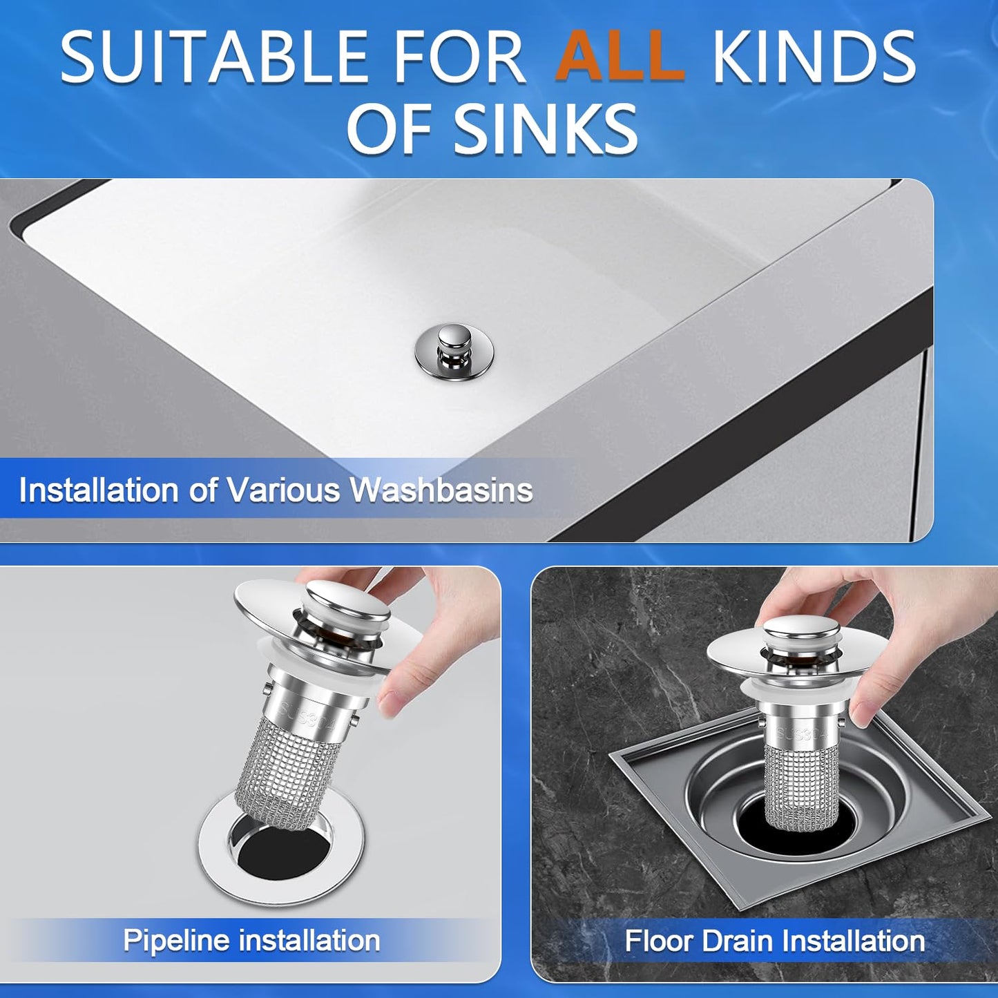 Sink Stopper Hair Catcher, Pop-up Sink Drain Strainer with Removable Stainless Steel Strainer Basket Hair Catcher, Bathroom Sink Strainer for Bathroom Sink Stopper Replacement