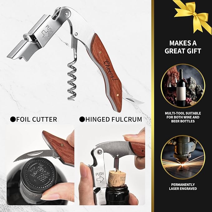 Wine Opener, Wine key, Corkscrew, Wine Bottle Opener w/Foil Cutter and Cap Remover for Servers, Bartenders, Waiters, Sommelier, Wine lover (Brown, Customize)