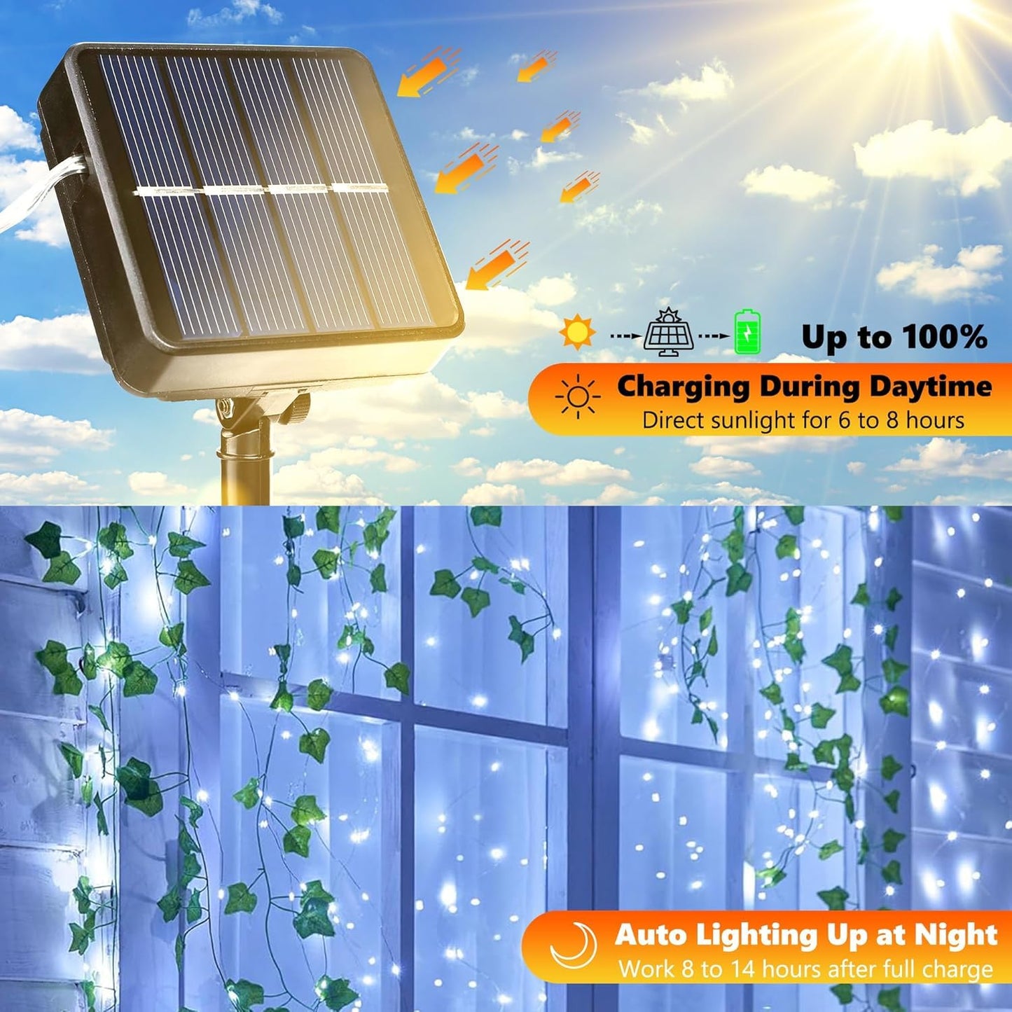 Lomotech Solar String Lights - 66ft 200LED Fairy Lights, Waterproof, 8 Modes, 2 Pack, White, Model LO-S100-001-2