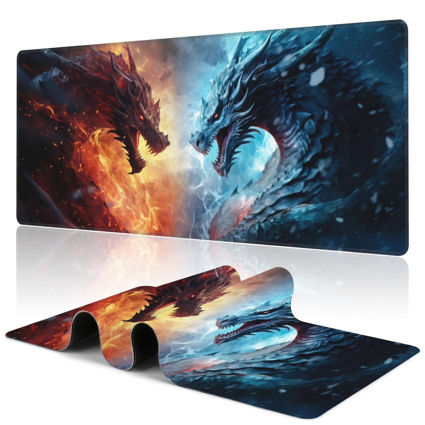Uiaoiais Desk Pad,Japanesev Anime Fire Ice Dragons Mouse Pad,31.5"X15.7" Extended Gaming Mouse Pad Mat with Stitched Edge Non-Slip Base Big Desk Mat for Office Keyboard Laptop