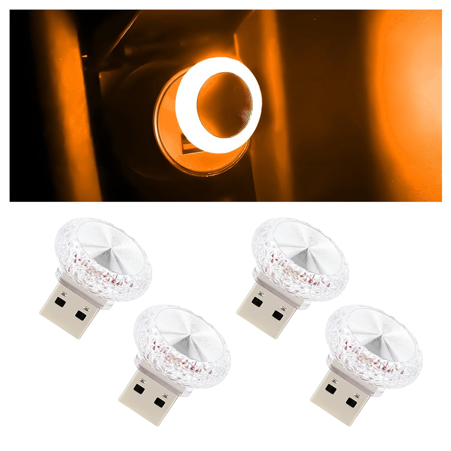 Hovom 4Pcs Usb Led Car Interior Atmosphere Lamp  Portable Mini Car Led Night Light Decoration  Plug-In Usb Automotive Ambient Lighting Kit  Universal For Cars Suvs Trucks Rvs (Yellow)