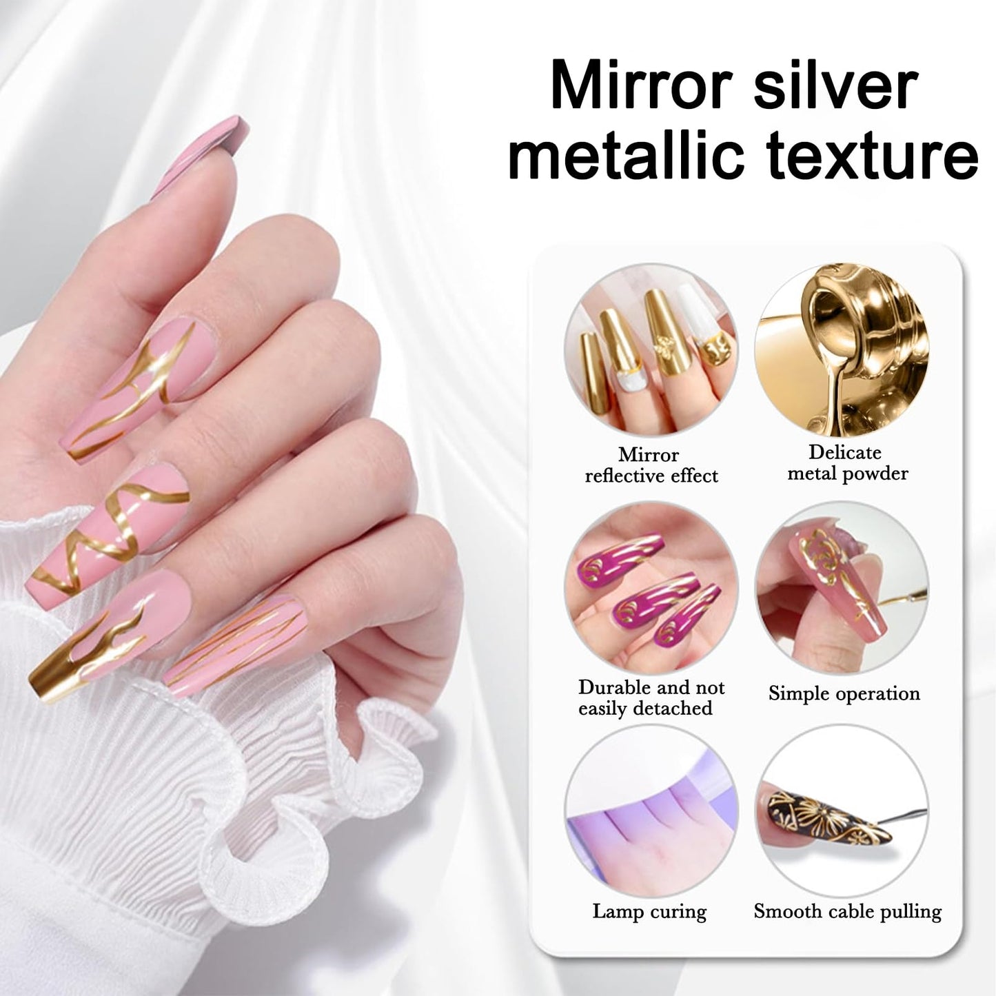 NAILKISS Metallic Mirror Painting Liner Gel Polish, Gold Metal Painted Drawing Gel with Build in Thin Brush, Mirror Chrome Gel P