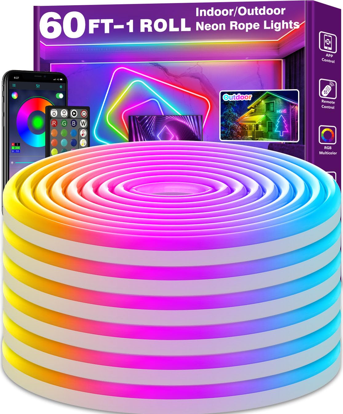 AILBTON Neon Rope Lights, 60Ft RGB LED, Waterproof, Flexible, Music Sync, Model 150FT Led Neon BT1