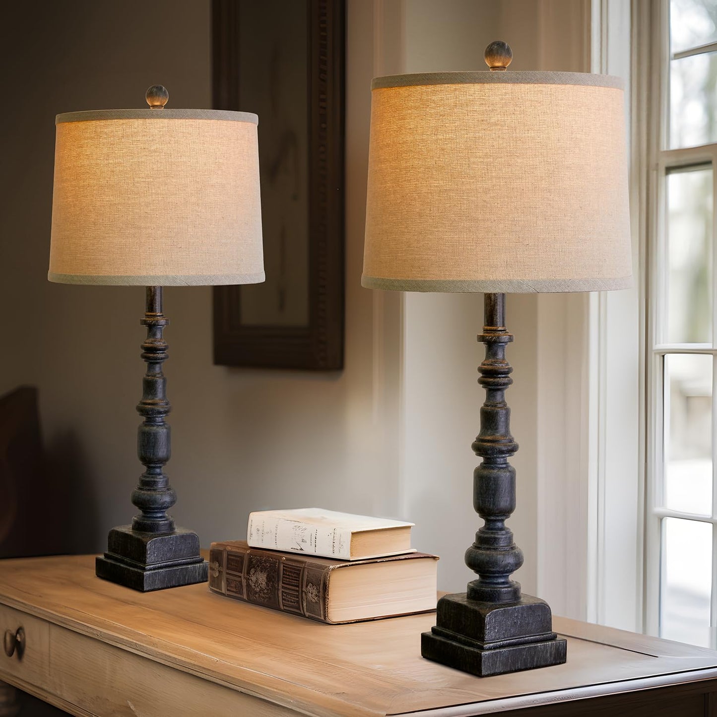 Oneach Vintage Farmhouse Usb Table Lamps Set Of 2, 27.75”, Antique Black Resin, Traditional Nightstand Lighting For Living Room & Bedroom