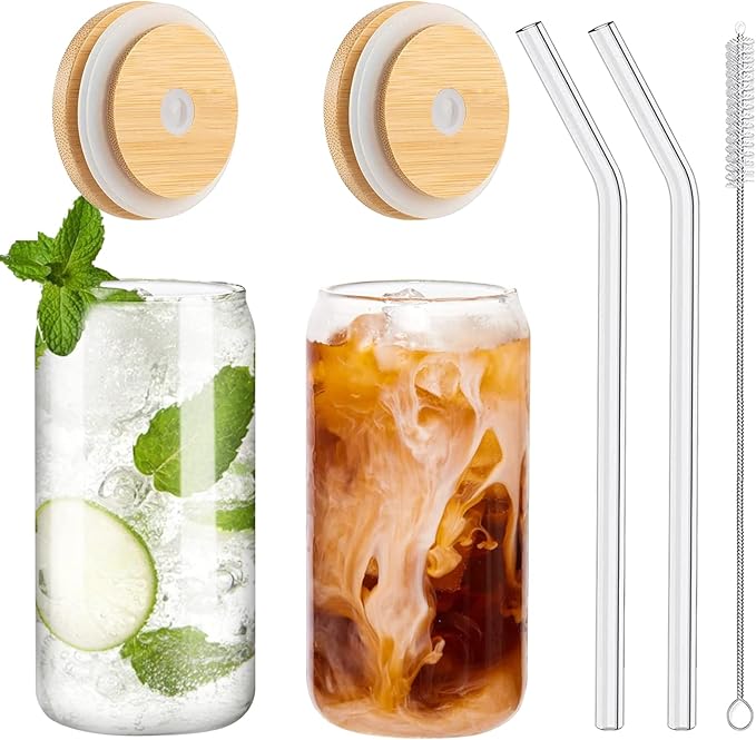 WISIMMALL Drinking Glasses with Bamboo Lids and Glass Straw 2PCS Set, 16oz Glass Cups with Lids and Straws, Beer, Iced Cof...