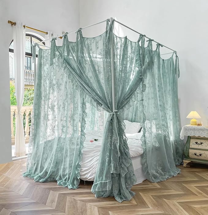 Mengersi Canopy Bed Curtains with Tie Backs,Bed Canopy Curtains Bed Drapes Sheer Lace Curtains for Bedroom Decor（Twin,Sage Green
