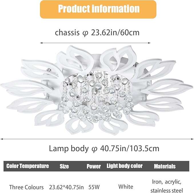 Tioolo Modern Ceiling Lamp, Dimmable LED Ceiling Light, 12-Head Flush Mount Flower Shape Chandelier with Remote, Acrylic Petal Lighting Fixture for Bedroom Kitchen Dining Living Room (55W,White)