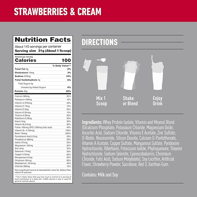 Isopure Zero Carb 100% Pure Whey Isolate Protein Powder, Lactose Free, Gluten Free, With Vitamins, Strawberries & Cream, 25g Protein Per Serving, 7.5 Lbs, 110 Servings (Packaging May Vary)