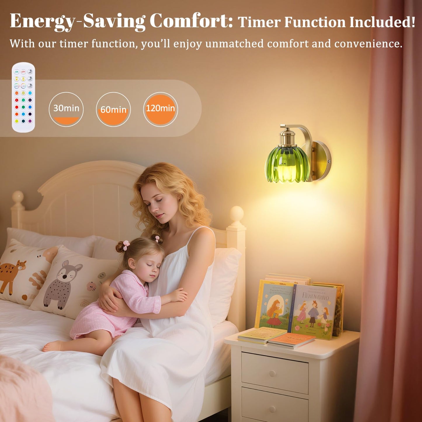 VerRon Rechargeable Wall Sconce Set of Two, Green Glass Lampshade, Wireless, Remote Control, 15 Colors, 2-Pack, Metal, Model B05092P(2PK)