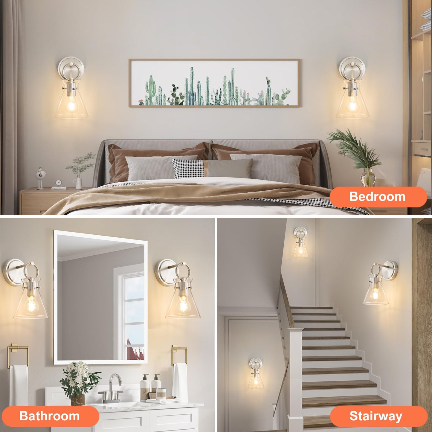 Gednbo Wall Sconces 2 Pack Modern Vanity Light Fixtures For Bathroom Nickel Wall Mount Lighting Lamp Hardwired Farmhouse Wall Lights With 6 Inch Clear Glass Shade For Bedroom Living Room Mirror