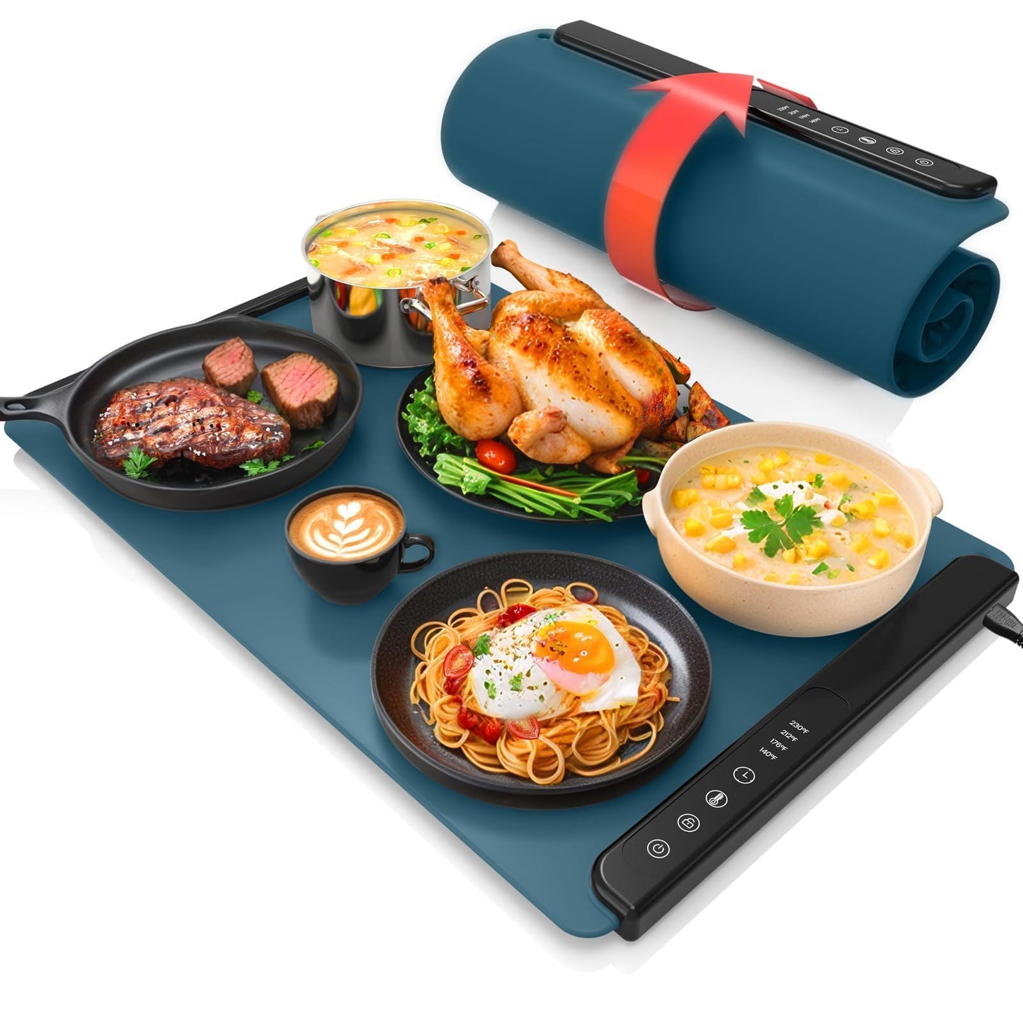 MealHelper Warming Mat for Food, Portable Food Warming Mat for Countertop, Full Surface Electric Warming Tray with Safety Lock, 4 Temp Levels & 6-Hour Timer for Thanksgiving, Xmas Parties Use (Teal)