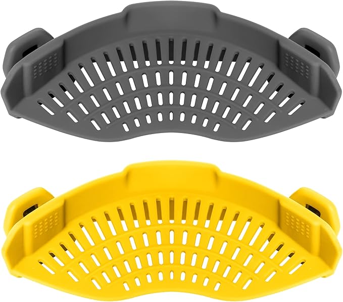 AUOON Clip on Strainer,2 PACK Silicone Food Strainer Pasta Drainer for Pasta,Spaghetti,Ground Beef Grease,Easy to Use Universal Size Fit for all Pots and Bowls(GrayYellow)