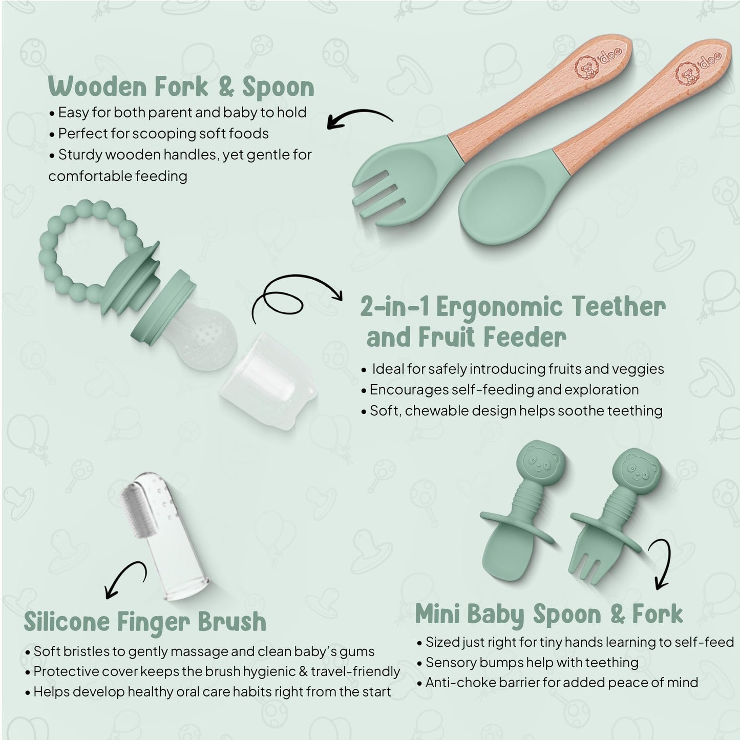 O'doe Baby Weaning Set – 15 Pcs Silicone Baby Feeding Set with Suction Plate, Bowl, Bib, Sippy Cup, Fruit Feeder, Freezer Tray