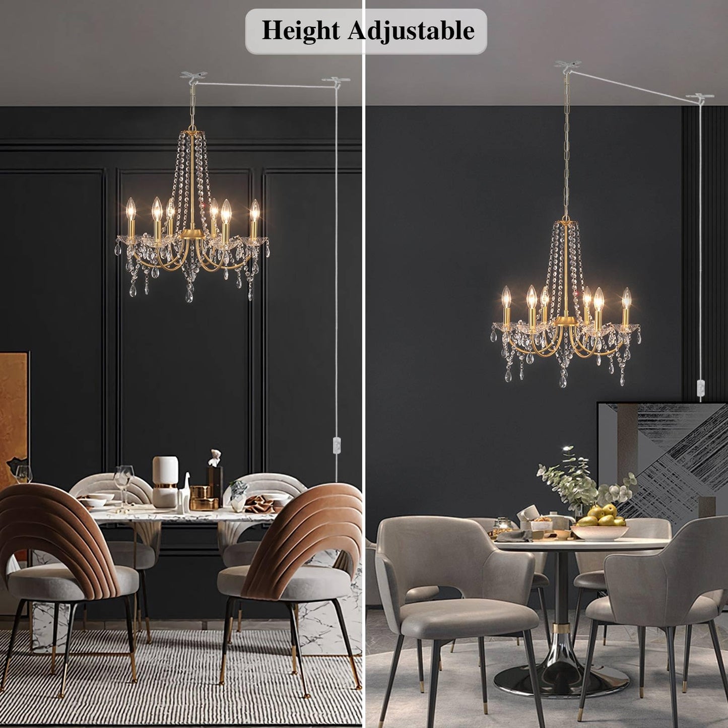 Meijia Plug In Crystal Gold Chandeliers Lighting Fixture 6 Light Modern Crystal Chandelier With 15.75Feets Plug In Cord Gold Mini Plug In Chandelier For Dining Room Bedroom Entryway Bathroom Closet