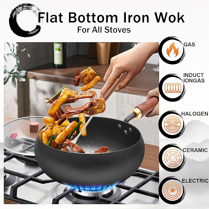 WANGYUANJI 9.5-Inch Iron Wok Pan with Lid & Spatula, Deep Flat-Bottom Stir Fry, Uncoated & Unseasoned, Induction Compatible, Upgraded Wooden Handle