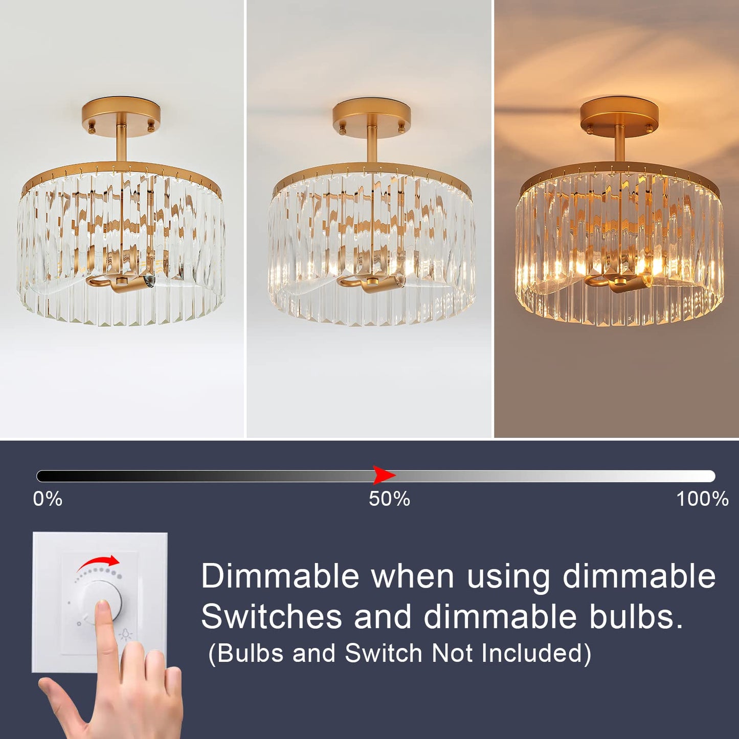 Lighceac 12 Gold Semi Flush Mount Crystal Ceiling Light Fixtures For Kitchen Modern Industrial 2-Light Small Chandeliers Lighting For Bedroom Entryway Hallway Living Dining Room Foyer