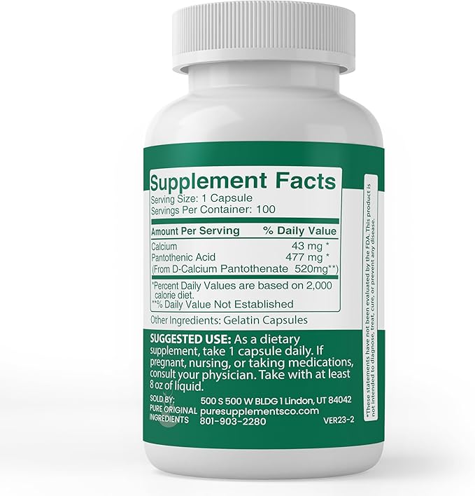 PURE ORIGINAL INGREDIENTS Pantothenic Acid (100 Capsules) Pure, Vitamin B5, Calcium Supplement
