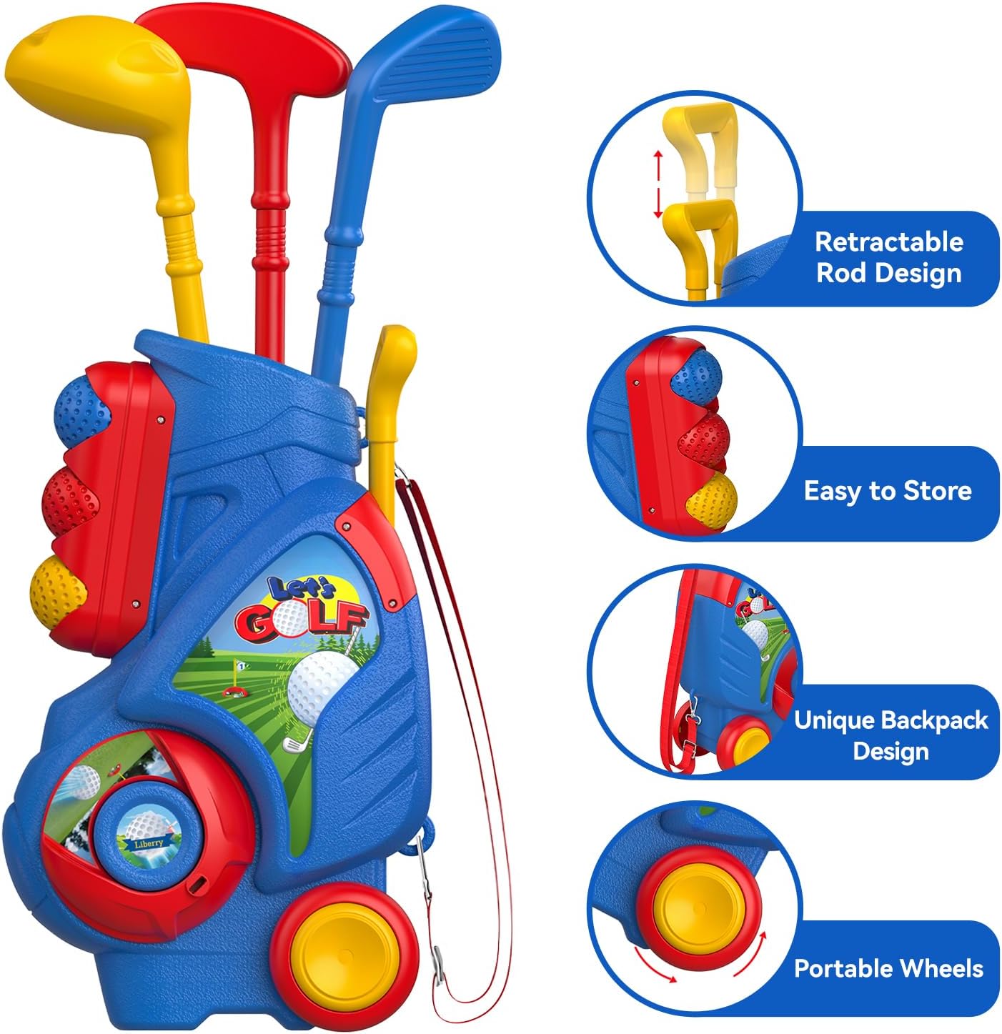 Liberry Toddler Golf Set for 2 3 4 5 Years Old Boys Girls, Upgraded Kids Golf Cart with Golf Cornhole Board & Putting Mat, Indoor and Outdoor Golf Toys Birthday Christmas Gift