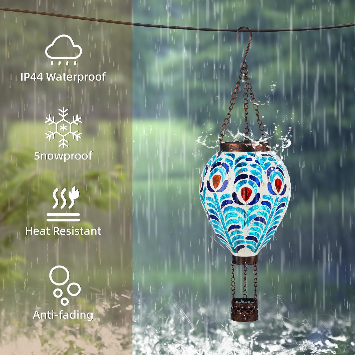 Voreen Hot Air Balloon Solar Lantern  Handmade Mosaic Solar Outdoor Hanging Wind Light  Waterproof  Patio Festive Decor  Gift For Mom Wife Friend  Peacock Feather Design