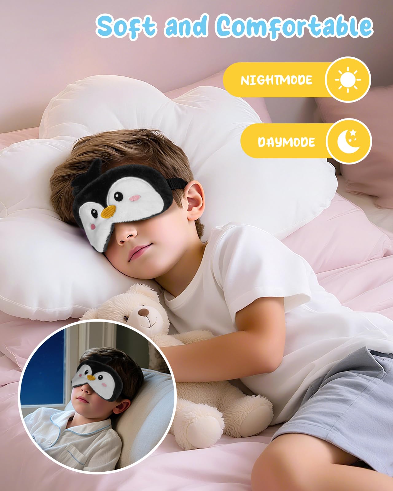 Miss Adola Sleep Mask for Kids - Valentines Gift for Kids Cute Plush Fuffy Sleeping Eye Cover Kawaii Soft Eyeshade Animal Eye Blindfold for Girls Boys Teens with Adjustable Strap, Penguin