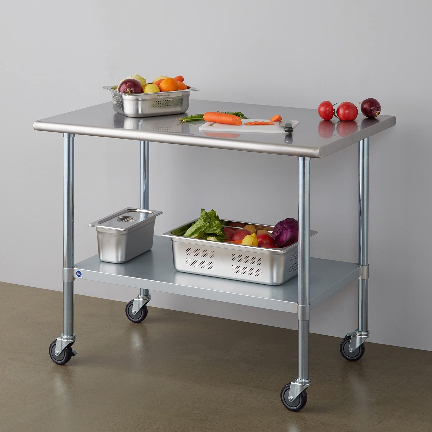 ROCKPOINT Stainless Steel Table for Prep & Work with Caster Wheels 30x48 Inches, NSF Metal Commercial Kitchen Heavy Duty Table with Adjustable Under Shelf and Table Foot for Restaurant, Home and Hotel