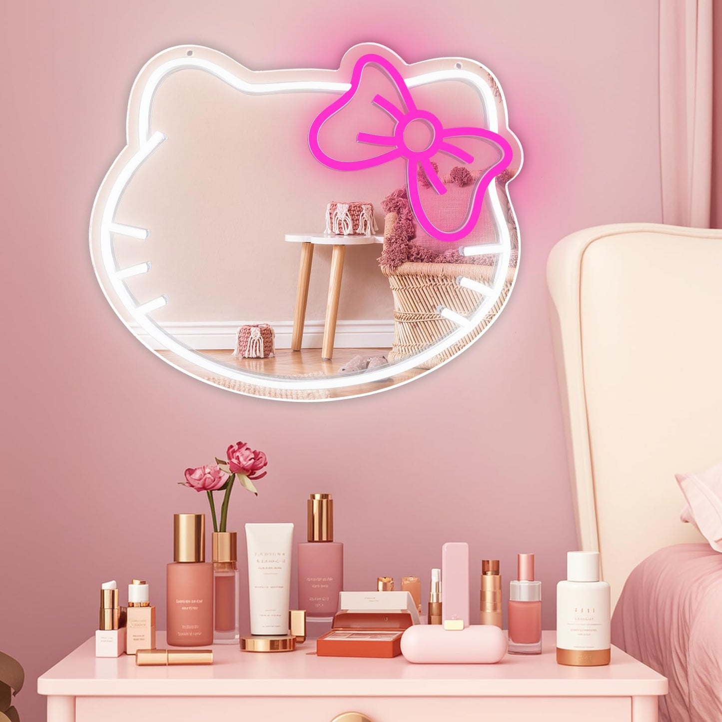 Aslanka LED Cat Mirror Neon Sign, Dimmable USB Powered, 14x12in Acrylic, Cute Kitty Wall Decor