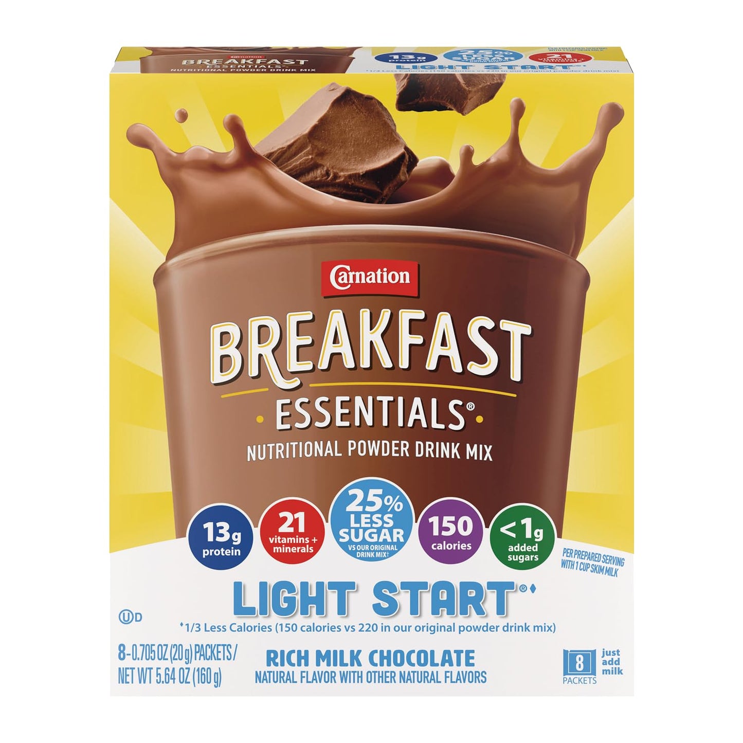 Carnation Breakfast Essentials Light Start Nutritional Powder Drink Mix Rich Milk Chocolate, 8 Count Box of 0.705 oz Packets (Pa