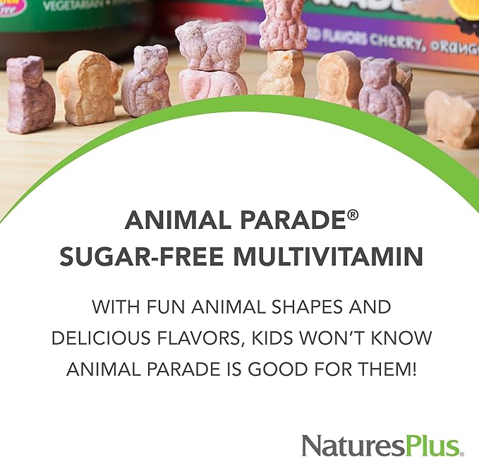 Natures Plus Animal Parade Sugar-Free Children's Multivitamin - Assorted Cherry, Grape & Orange Flavors - Pack of 2, 90 Chewable Tablets - 90 Total Servings