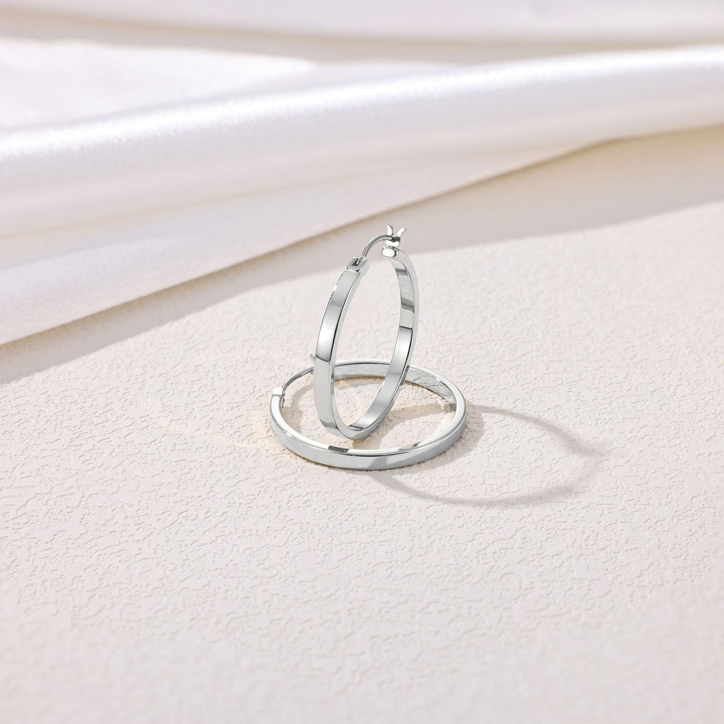 Gacimy Silver Hoop Earring, 14K White Gold Plated, Medium (30mm), 925 Sterling Silver Post for Women