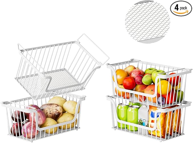 4 Pack Enhanced Leak-Proof Bottom Stackable Wire Baskets, Pantry Organizers and Storage, Pantry Storage，Shelf Baskets, Fruit Basket, Potato and Onion Storage Bins，(White)