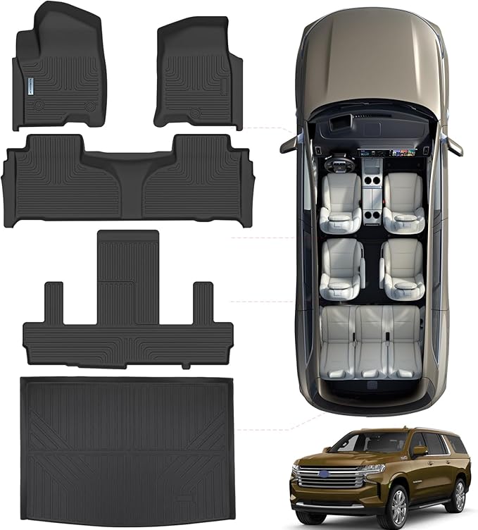 SANBAN-AXE Floor Mats for 2021-2024 2025 Chevrolet Suburban 7 Seats (2nd Row Bucket Seats)（not fit 8 Seats）/ GMC Yukon XL(...