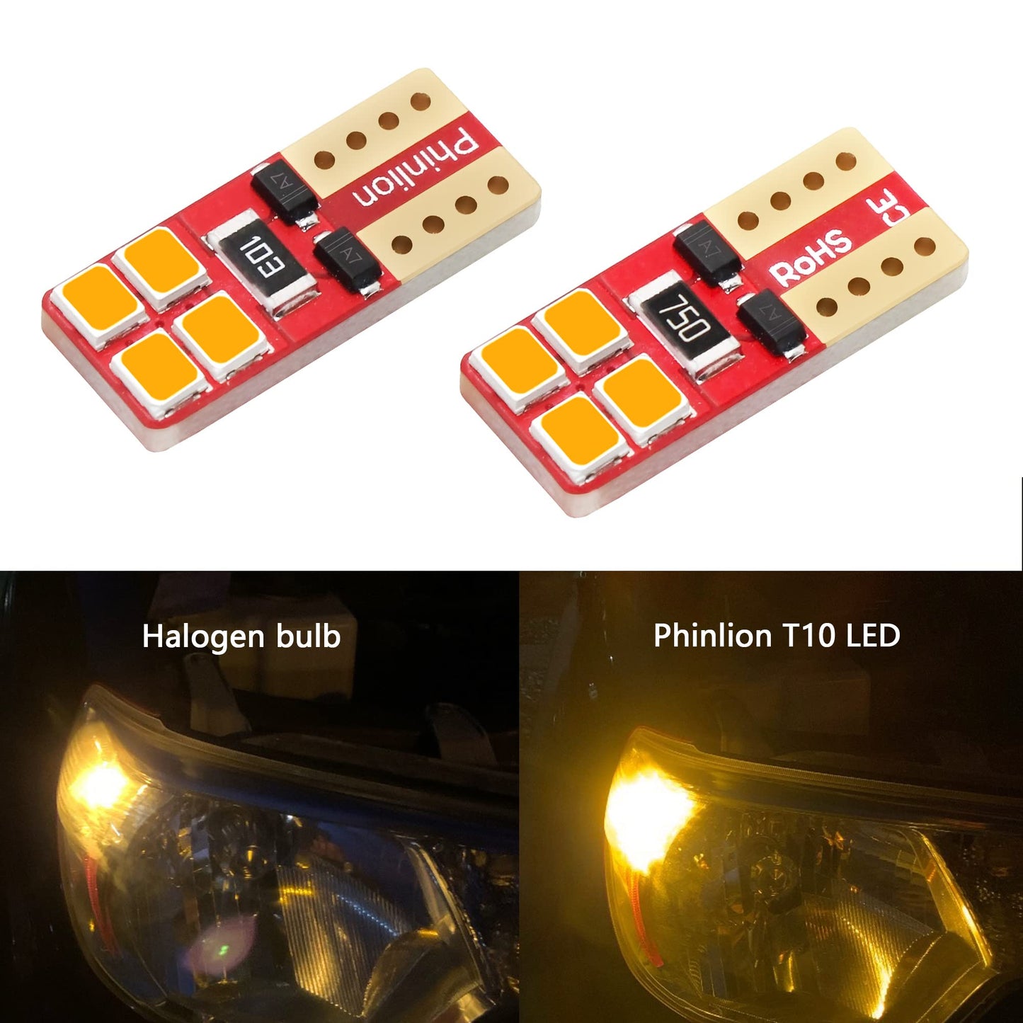 PHINLION T10 LED Bulbs 10 Pack, Amber Yellow, Super Bright for Car Interior Dome Map Side Marker Parking Lights