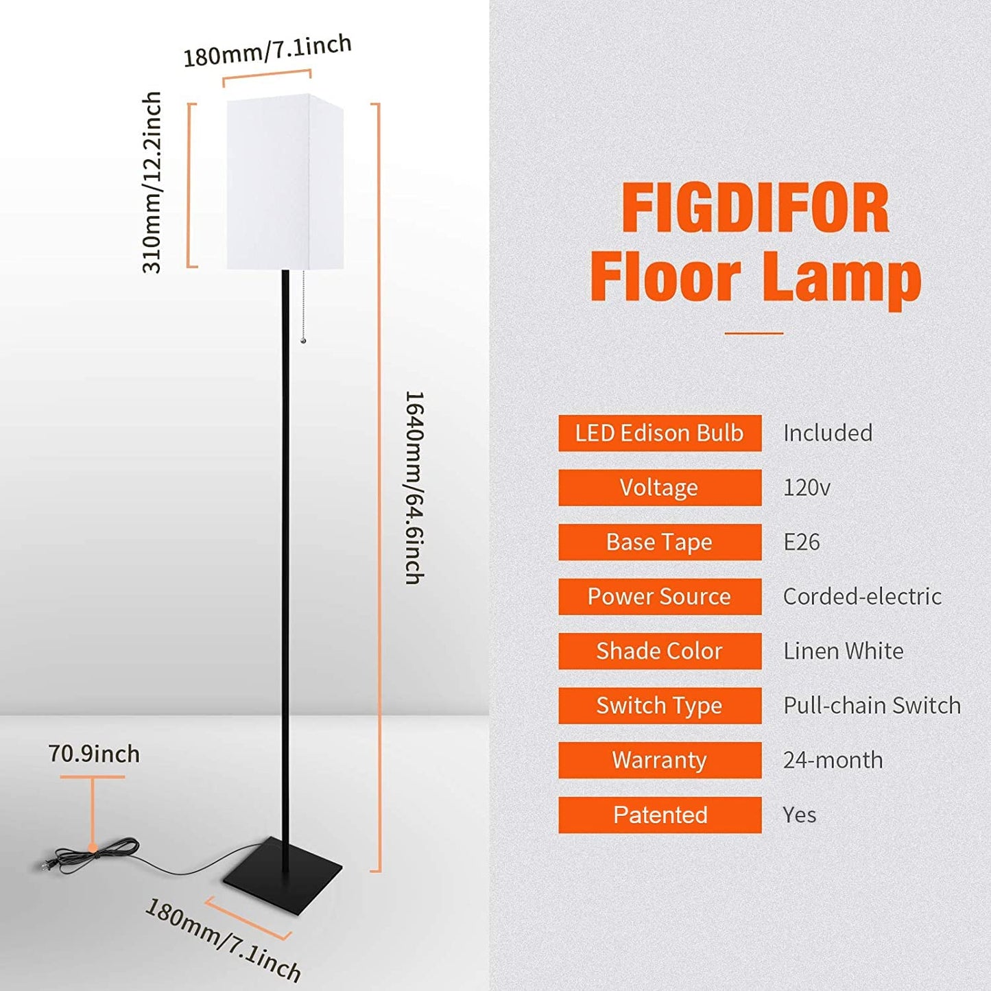 FIGDIFOR Floor Lamp, Modern Linen Shade, Black, Model FL-201030, Ideal for Living Room, Bedroom, Office, Kids Room, Bulb Included