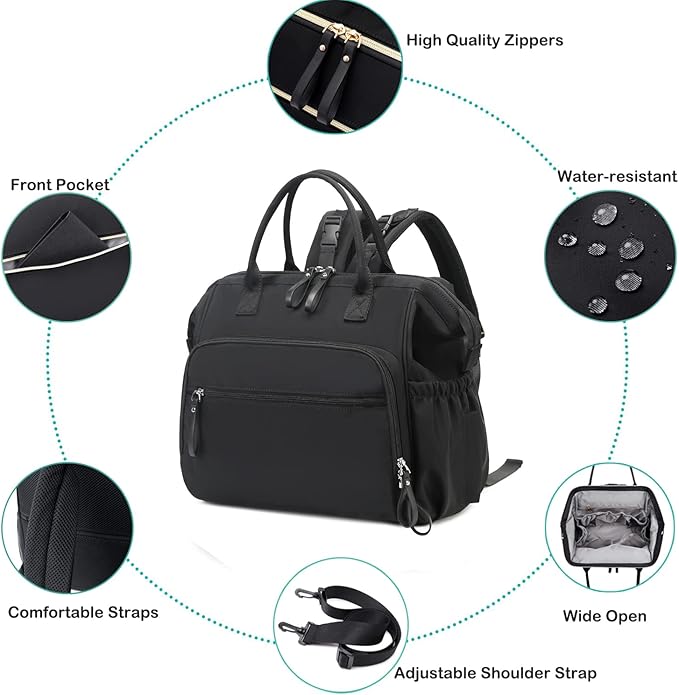 Convertible Diaper Bag Tote, Wide Open Top 14 Pockets Stylish Baby Diaper Bag with Stroller Buckle, Water-resistant (Black, Large)
