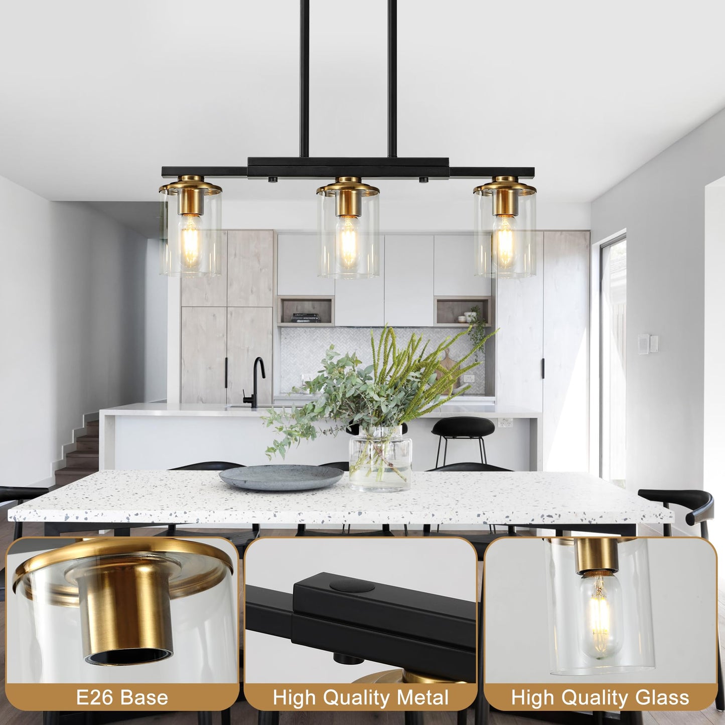 Xvmbvm 3-Light Kitchen Island Lighting Dining Room Lights Modern Farmhouse Chandelier With Clear Glass Shade Modern Rustic Black And Gold Metal Chandelier  Kitchen Pendant Light Fixtures Over Table
