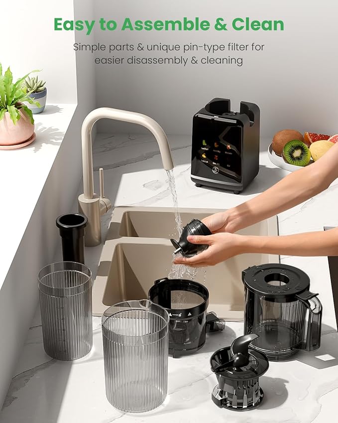 Kismile Cold Press Juicer Machine with 5 Modes, ABS Housing & HD Display, 4.35" Wide Feed Chute Slow Juicer for Fruits & Vegetables, Quiet Masticating Juicer Press, Easy to Clean, High Juice Yield