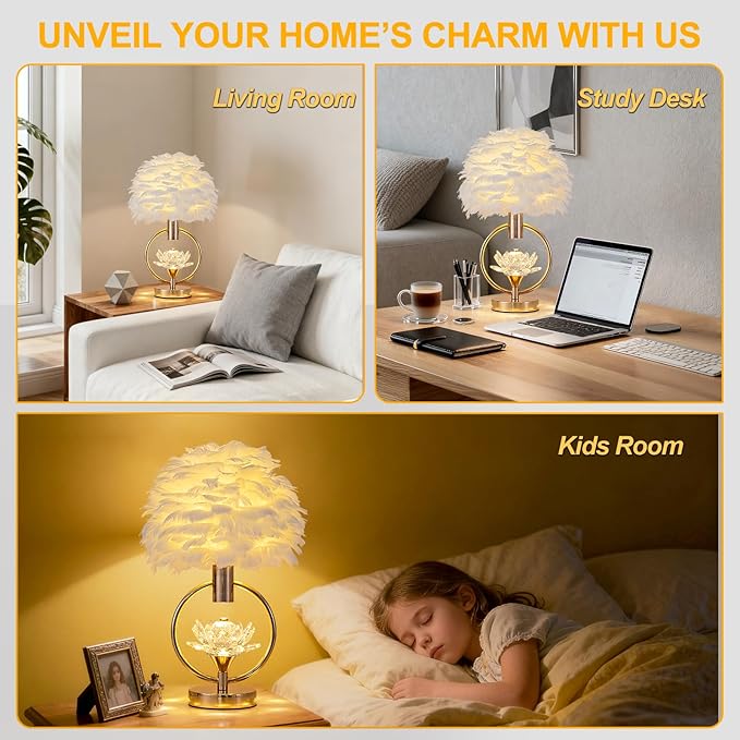 ZYLEIESENBAO Chic White Feather Lamp 17IN Modern Crystal Fluffy Table Lamp Cute Romantic Bedside Nightstand Light Nordic Furry Desk Lamp for Girl Bedroom Living Room Entry Office Hotel Party Wedding