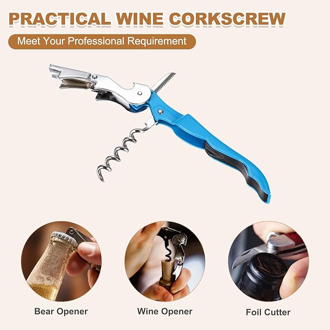 uxcell 4 Pcs 4.8" Stainless Steel Wine Opener, Waiter Corkscrew Professional Wine Key Bottle Opener with Double Hinged Foil Cutter for Bar Servers Waiter Bartender and Home, Blue