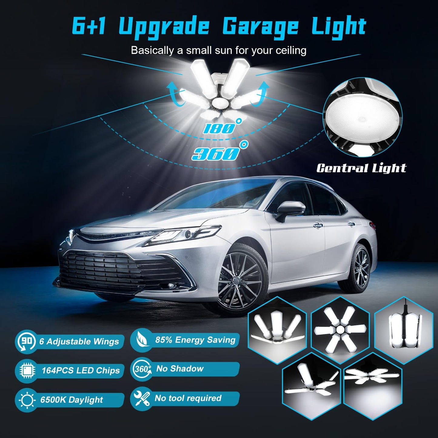 Myteaworld Upgrade Led Garage Light Bulb 150W 15000Lm  Deformable Garage Lighting Led With 6+1 Adjustable Panels  E26/E27 Screw-In Light Fixture For Basement Workshop Utility Room  White(1Pack)