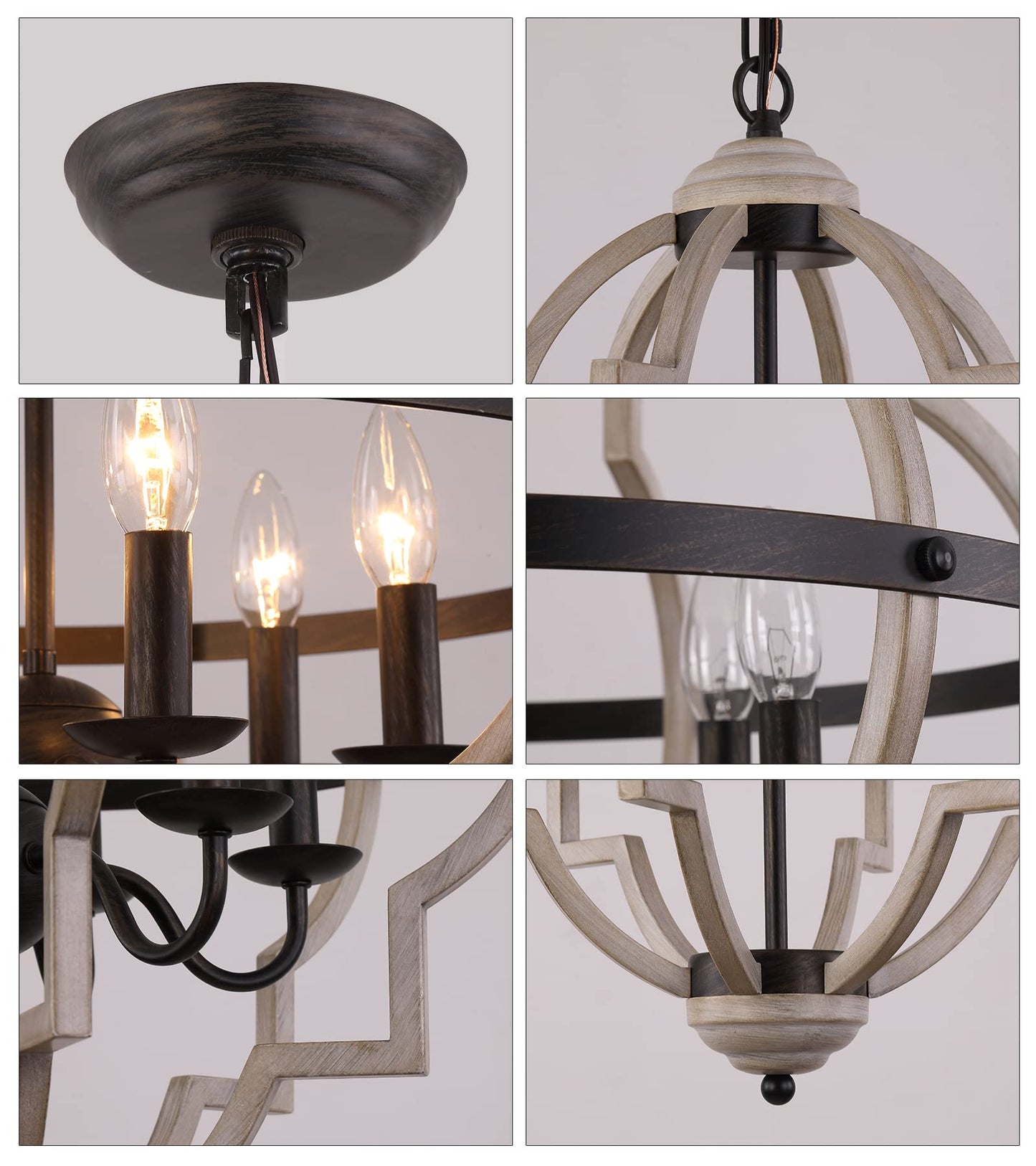 Q&S Rustic Antique Orb Chandelier, 6-Light Oak White Iron Ceiling Fixture For Foyer, Dining Room, Kitchen, Living Room