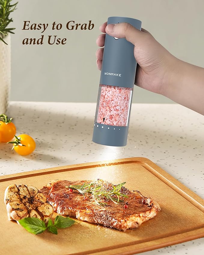 Electric Salt and Pepper Grinder Set - Automatic Refillable Salt and Pepper Grinders with Charging Base & LED Light, 6-Level Adjustable Coarseness with External Dial, Ideal Kitchen Gadget，Blue