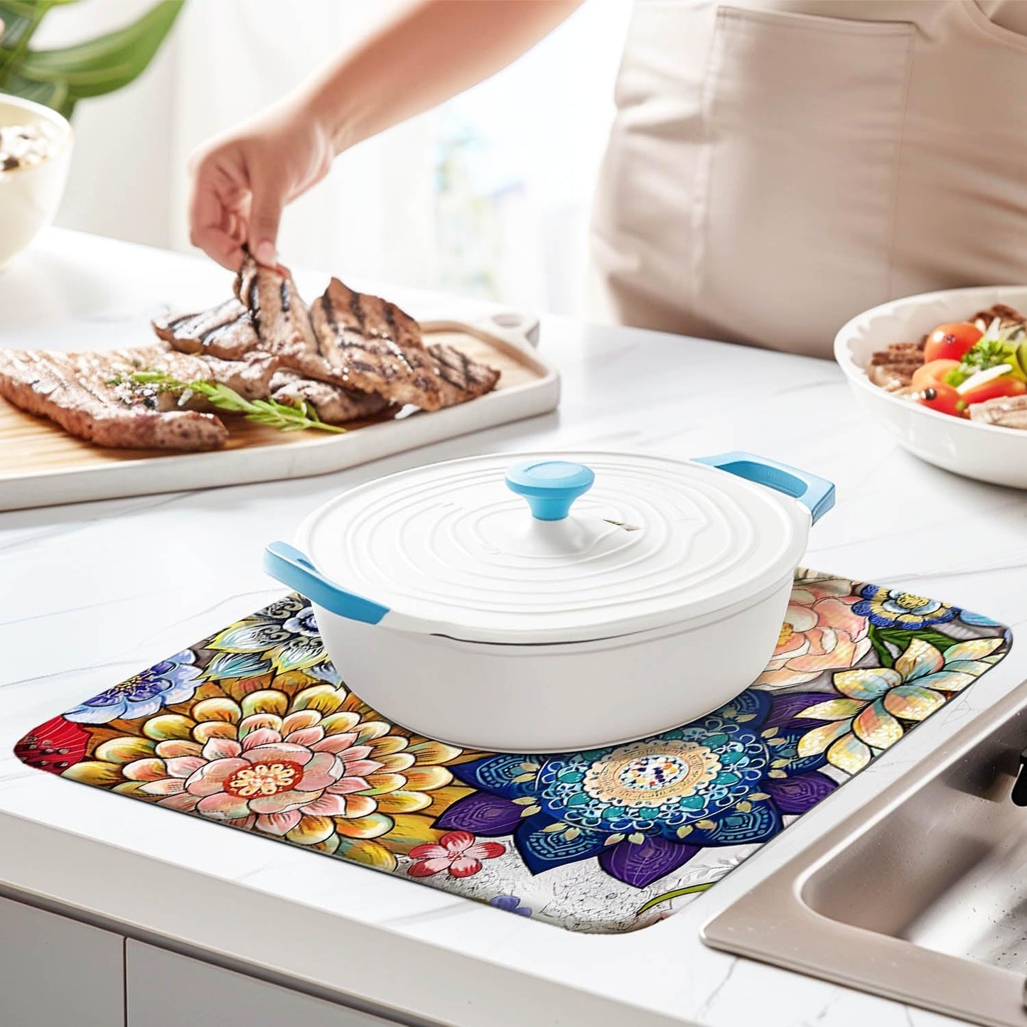 Boho Drying Mat 16" X 18" Boho Flower Kitchen Counter Stone Large Dish Drying Mats For Kitchen Counter Abstract Boho Floral Drying Mats For Home Counter Drying Mats For Dishes Table Mat Drying Mat
