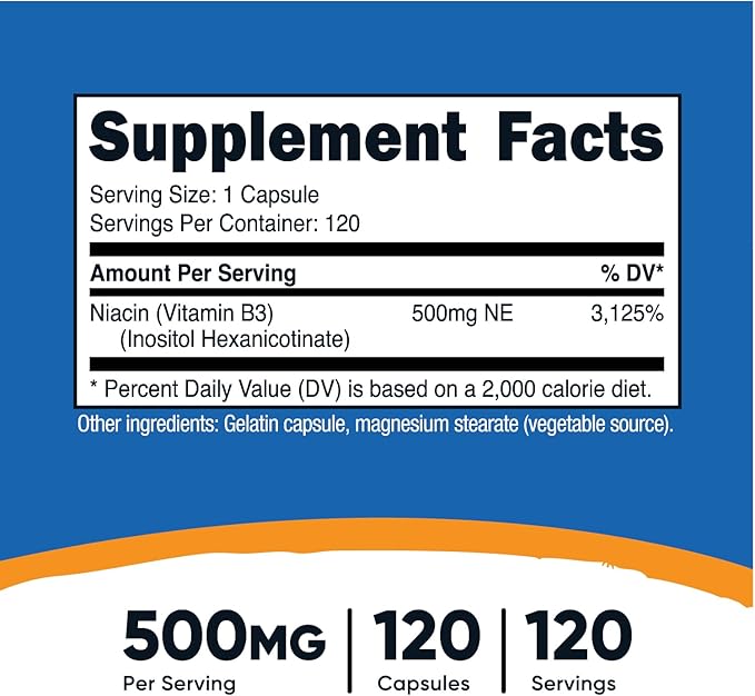 Nutricost Niacin (Flush-Free) Inositol Hexanicotinate 500mg, 120 Capsules, Vitamin B3