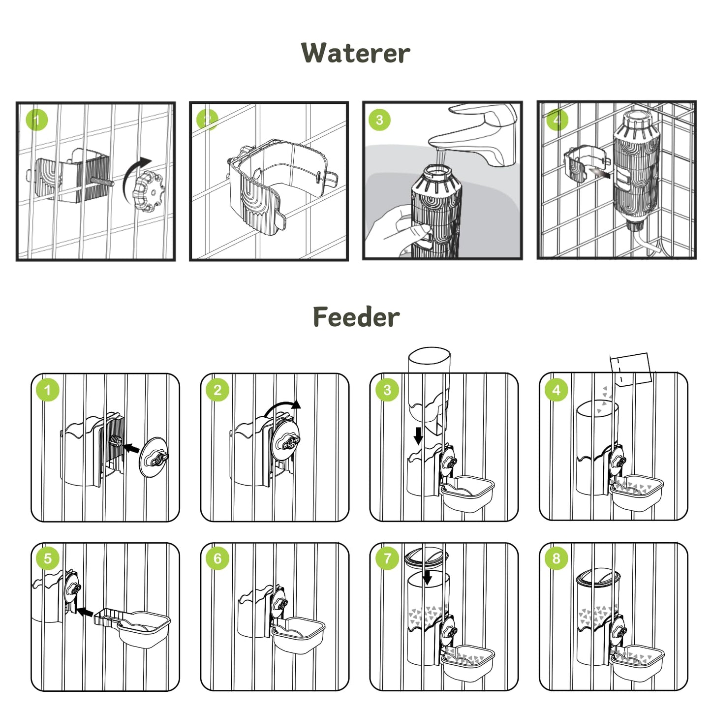 Automatic Pet Food Water Dispenser, Auto Gravity Pet Feeder Water Bottle Set for Cage, Feeding Station for Puppy Kitten Rabbit Guinea Pigs Chinchilla Ferret Hedgehog (Green)
