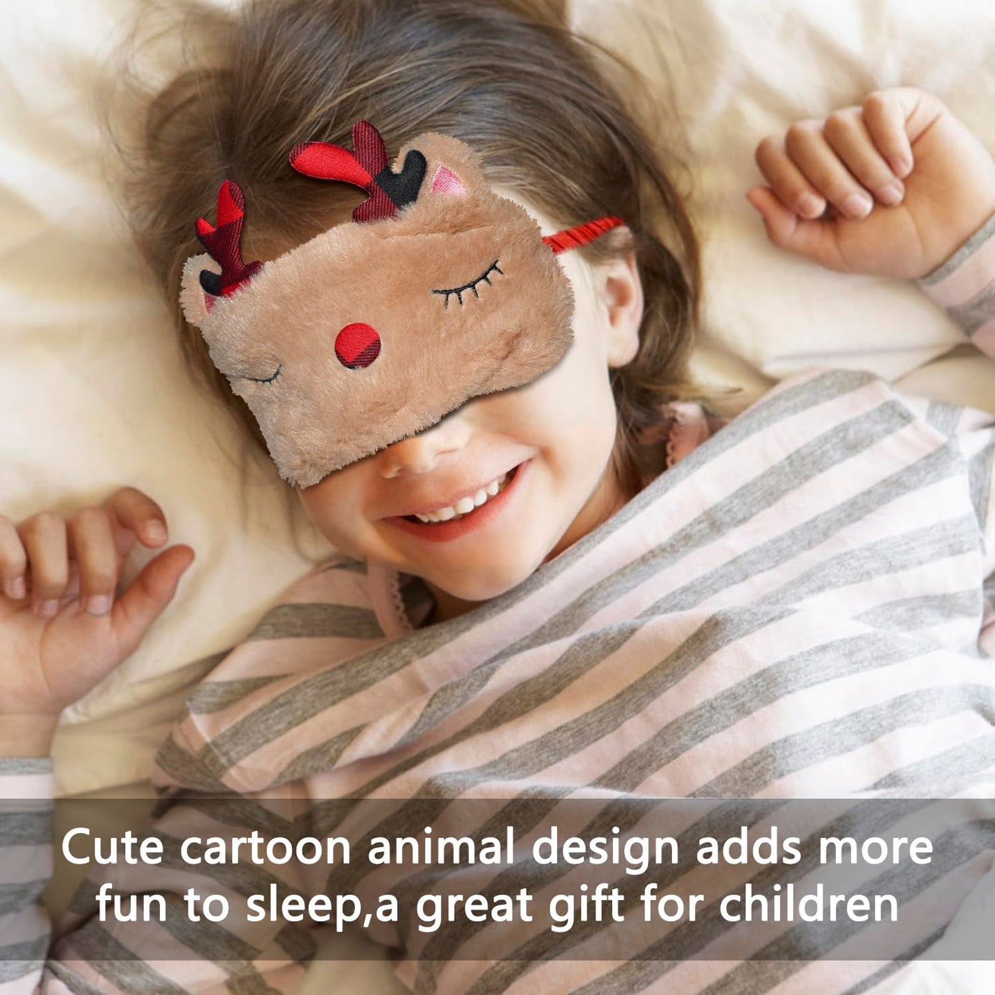 VHOPMORE Cute Animal Sleeping Mask Sleep Mask, Xmas Reindeer Soft Plush Eye Mask for Travel Nap Funny Rudolph Blindfold Eye Cover Eyeshade for Adult Kids Girls Teens Men Women - Reindeer, Red & Brown